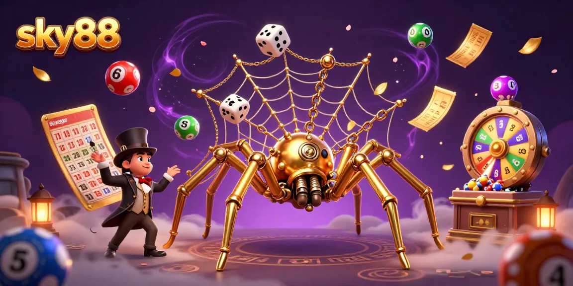 Experience thrilling energy at sky88 with colorful lottery balls and a steampunk spider in a gambling fantasy.